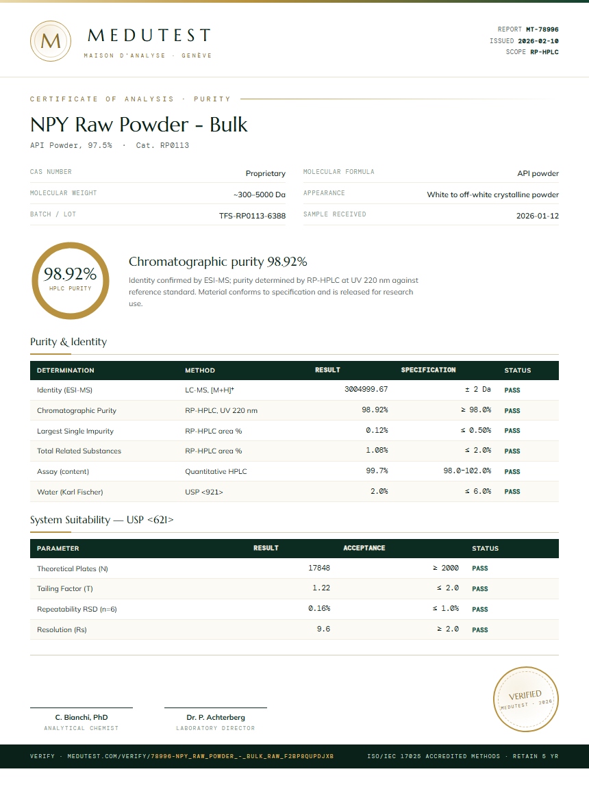 NPY Raw Powder - Bulk Purity Test Report by Medutest