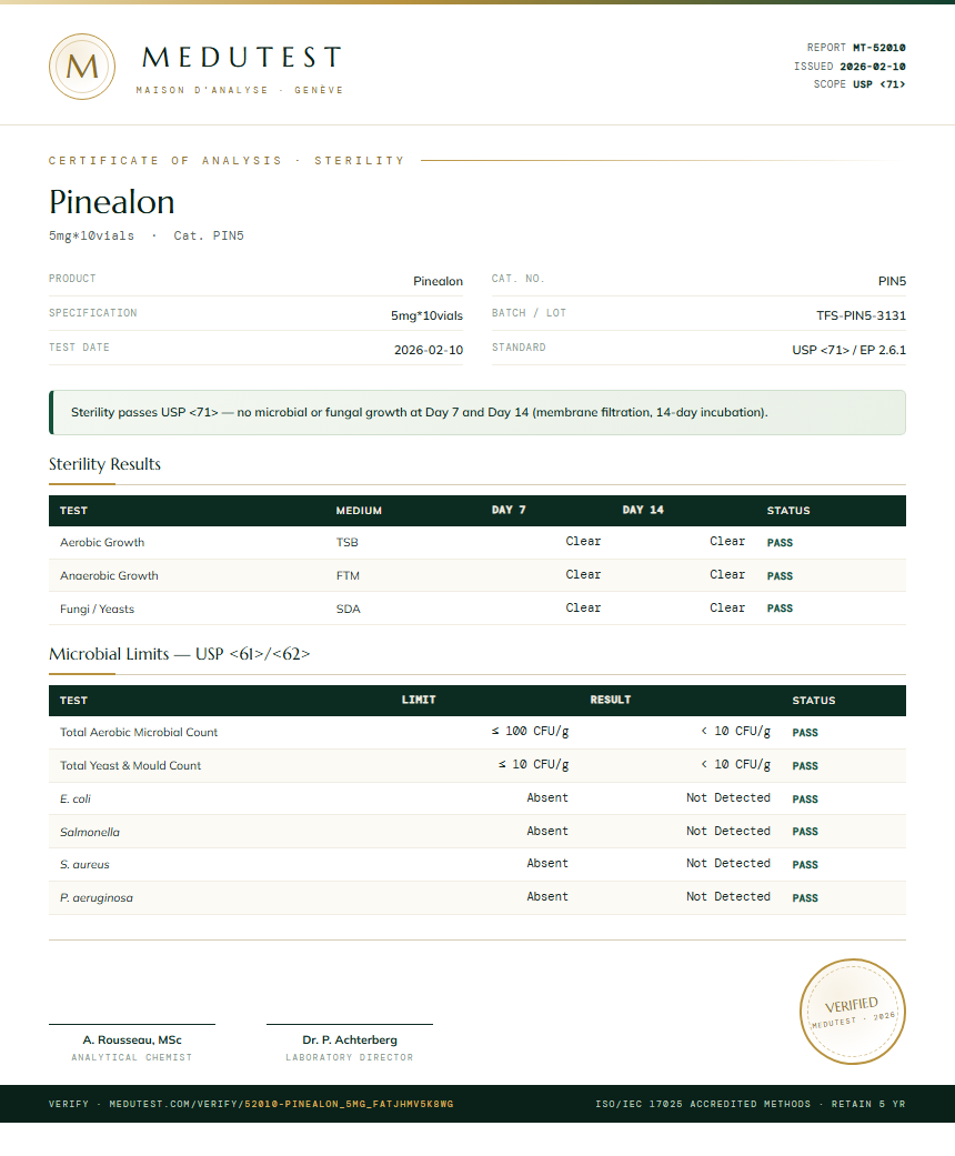 Pinealon Sterility report by Medutest