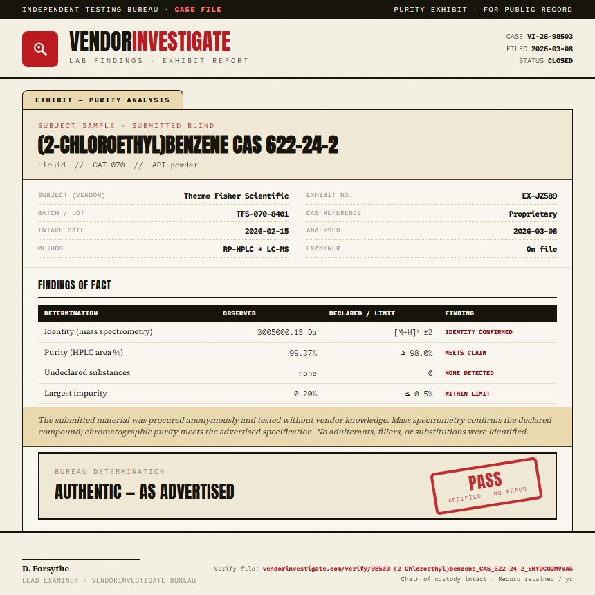 (2-Chloroethyl)benzene CAS 622-24-2 Purity (HPLC) report by VendorInvestigate