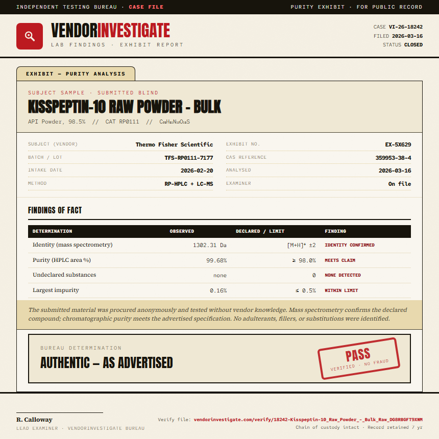 Kisspeptin-10 Raw Powder - Bulk Purity (HPLC) report by VendorInvestigate