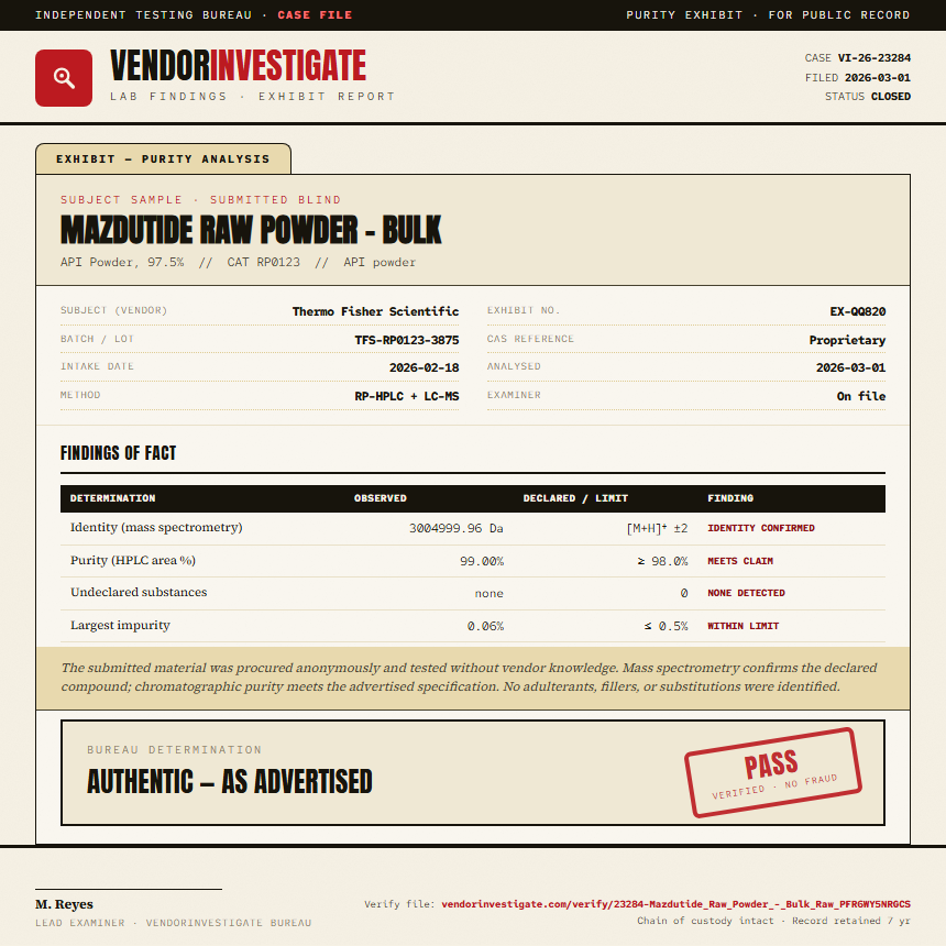 Mazdutide Raw Powder - Bulk Purity (HPLC) report by VendorInvestigate