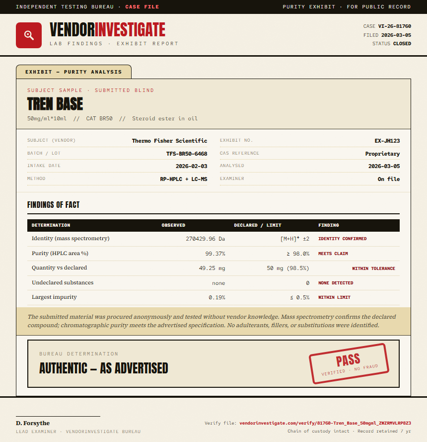 Tren Base Purity (HPLC) report by VendorInvestigate