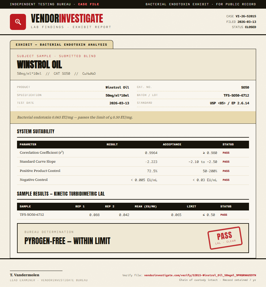 Winstrol Oil Endotoxin report by VendorInvestigate