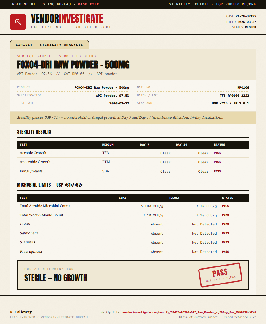 FOXO4-DRI Raw Powder - 500mg Sterility report by VendorInvestigate